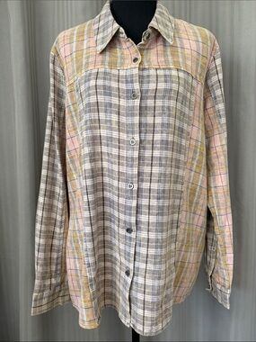 Mystree Plaid Flannel Button-Down Shirt in Beige, Pink & Yellow